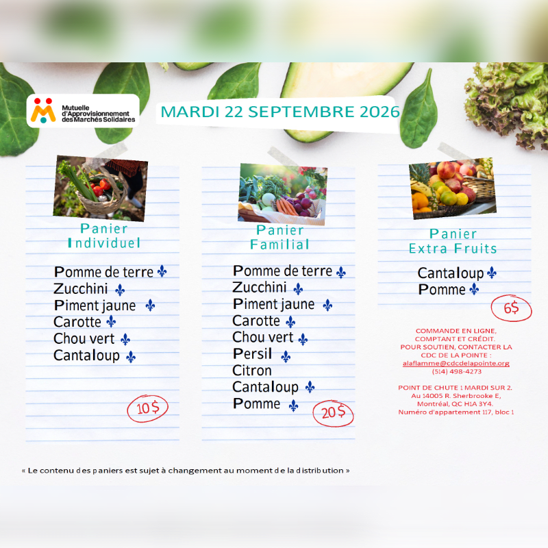 A flyer displays three fruit and vegetable basket options with prices and contents, set against a blurred background of fresh produce.