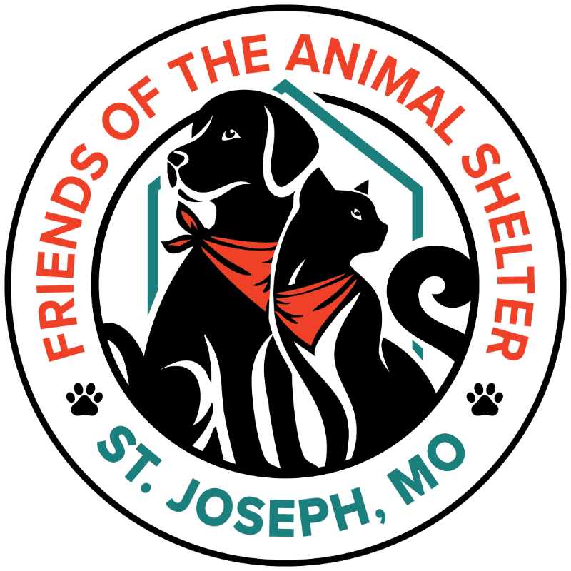 A black dog and cat, both wearing red bandanas, sit in front of a stylized house, with the words "FRIENDS OF THE ANIMAL SHELTER" and "ST. JOSEPH, MO" encircling them.