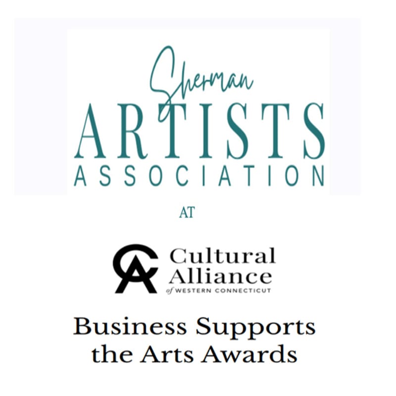 The foreground displays text announcing "Business Supports the Arts Awards" below logos for the Sherman Artists Association and the Cultural Alliance of Western Connecticut, set against a plain white background.