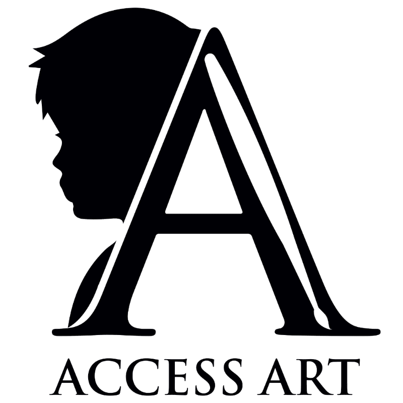 A black silhouette of a child's profile forms the left side of a large letter "A," with the words "ACCESS ART" centered below it on a white background.