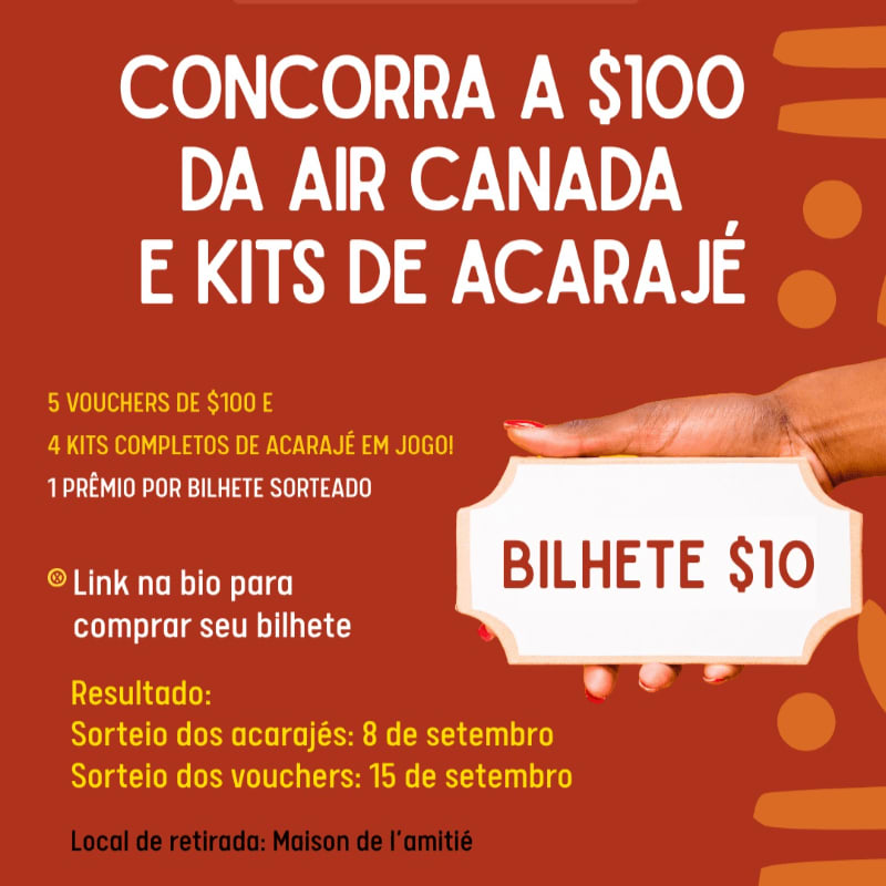 A hand holds a $10 ticket in front of a reddish-brown background with text announcing a contest for Air Canada vouchers and acarajé kits.