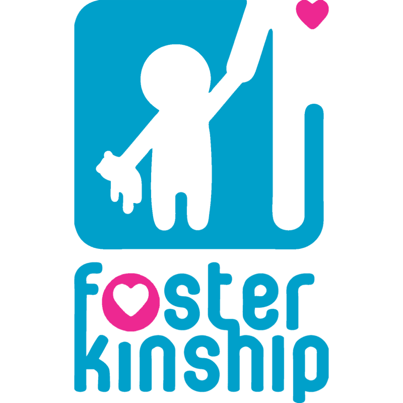 A white silhouette of an adult holding a child's hand, with a pink heart above them, is set against a bright blue square, while the words "foster kinship" with a pink heart in the "o" of "foster" are displayed below.