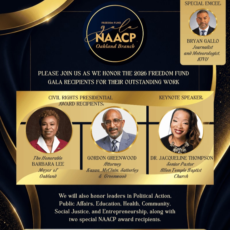 In the foreground, three award recipients are pictured with their names and affiliations, while the background features the NAACP Oakland Branch gala logo and event details.