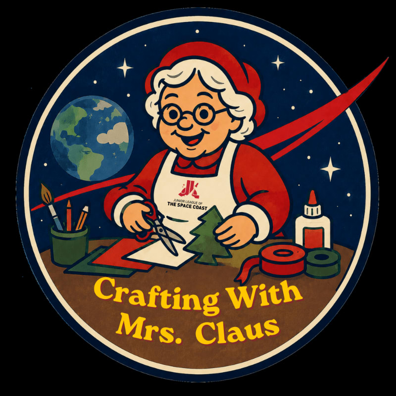 Mrs. Claus, wearing a Santa hat and apron, crafts a Christmas tree in the foreground, while a stylized Earth and a red rocket trail are visible in the starry background.