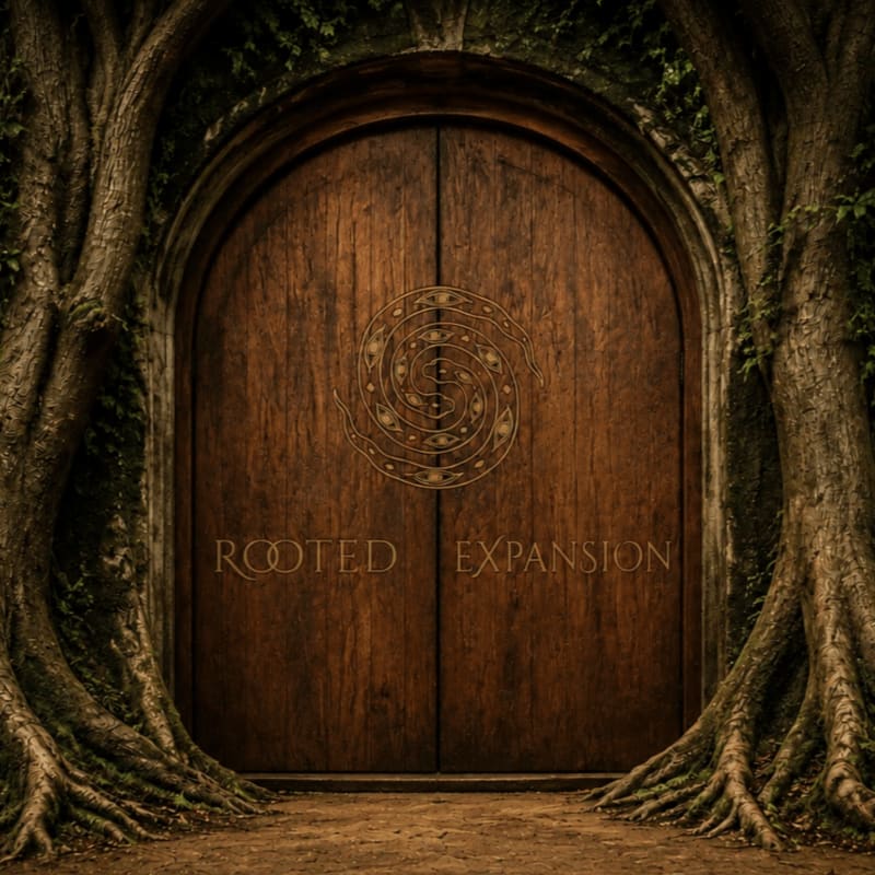 Massive, ancient tree trunks frame a large, ornate wooden door with a swirling symbol and the words "ROOTED EXPANSION" inscribed on it, set against a dark, earthy background.