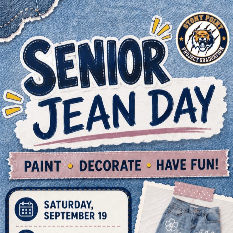 A denim background frames a "Senior Jean Day" announcement with details about painting, decorating, and having fun on Saturday, September 19th.
