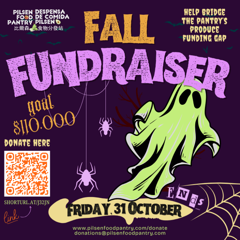 A cartoon ghost and spiders are featured in the foreground of a fall fundraiser poster with donation information in the background.