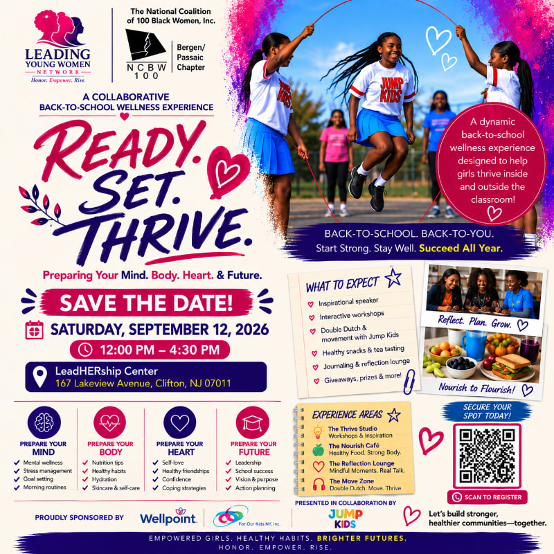 In the foreground, a vibrant flyer announces a "Ready. Set. Thrive." back-to-school wellness experience, while in the background, energetic young girls are captured mid-jump rope.