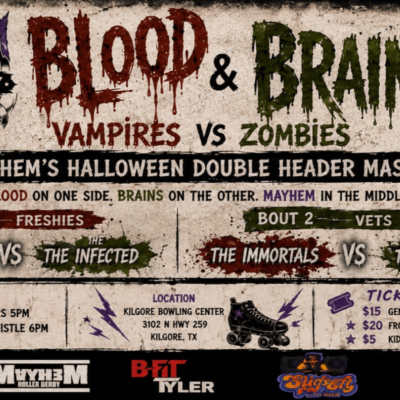 A grungy, blood-splattered poster advertises a "Blood & Brains: Vampires vs Zombies" Halloween roller derby event, with details of the bouts and location in the background.