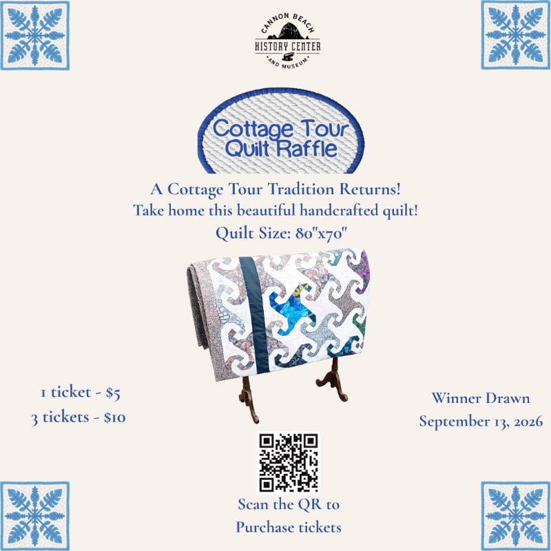 A handcrafted quilt with a blue star design is displayed on stands in the foreground, while the background features text announcing a quilt raffle and decorative blue tile patterns.