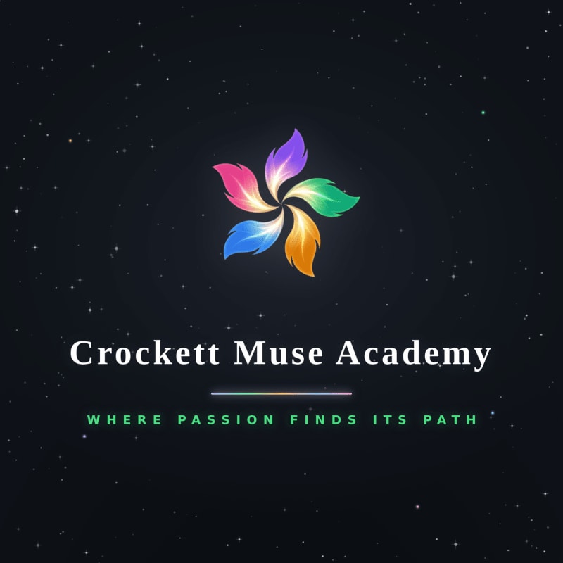 A colorful, abstract flower logo and the text "Crockett Muse Academy Where Passion Finds Its Path" are set against a dark, starry background.