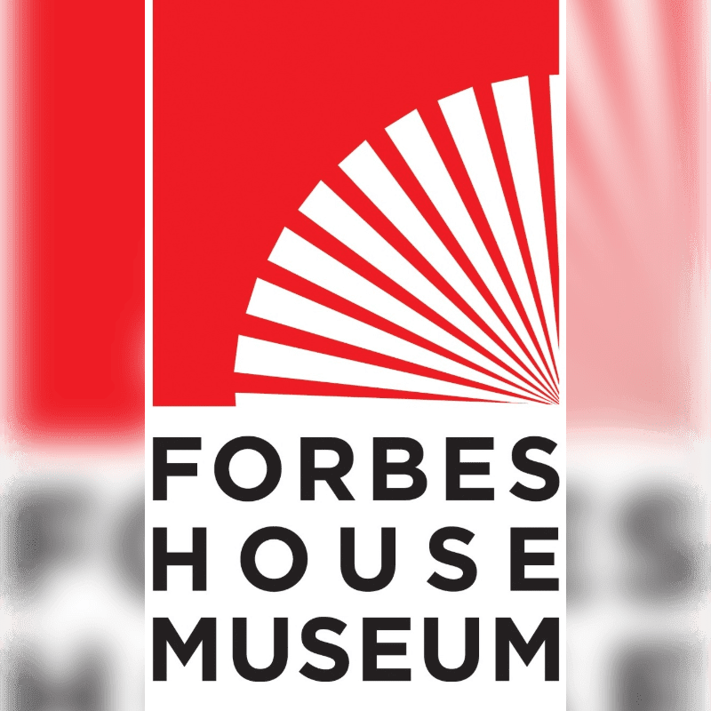 A red and white fan-like graphic sits above the black text "FORBES HOUSE MUSEUM" on a blurred background.