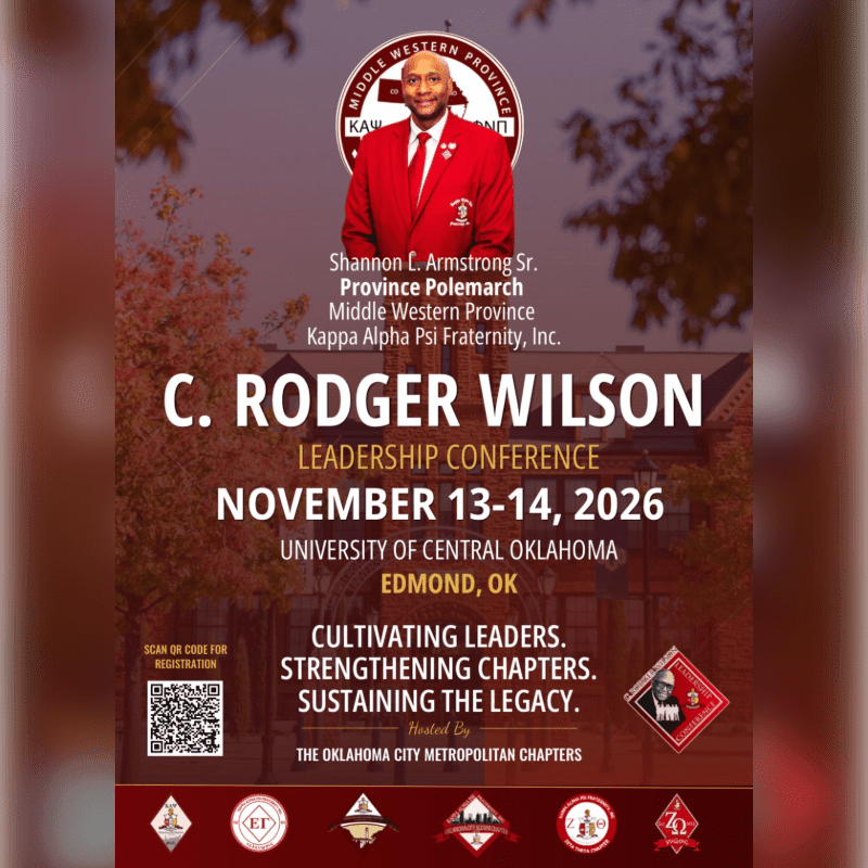 A man in a red suit is featured prominently in the foreground of a flyer announcing the C. Rodger Wilson Leadership Conference, with a blurred background of trees and buildings.
