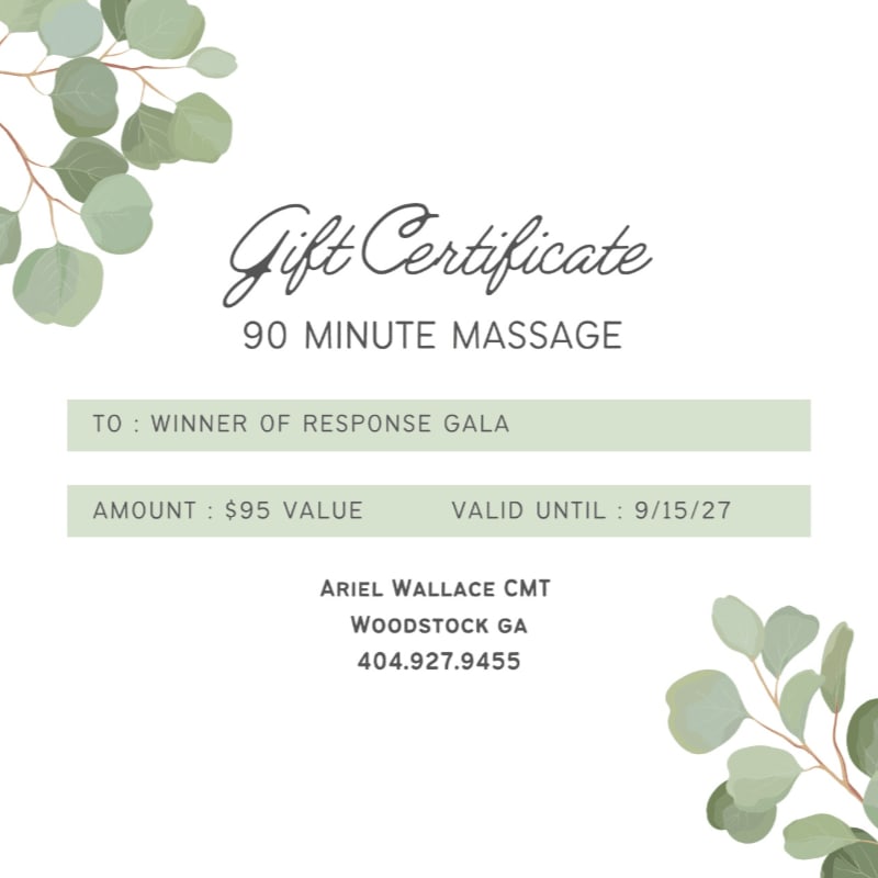 A certificate congratulating Cristina Johnson as the winner of the Response Gala Silent Auction for 4 private Pilates sessions at Honor Your Path Pilates Studio is displayed against a blurred background.