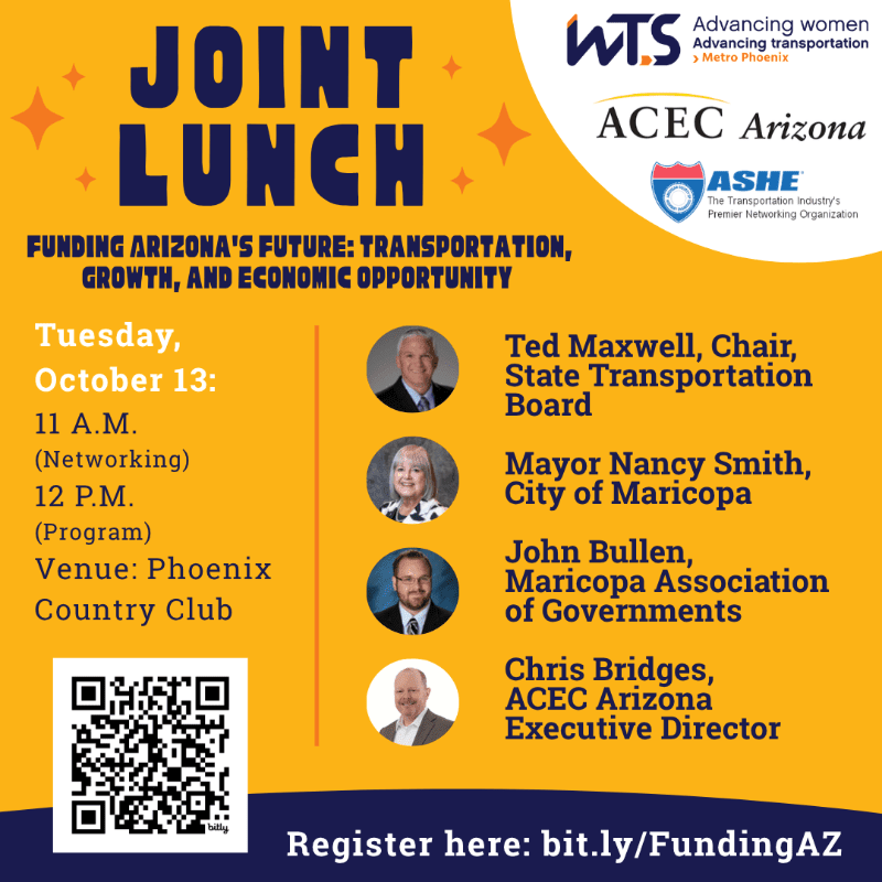 A flyer for a joint lunch event titled "Funding Arizona's Future" is displayed with event details and speakers on the right, set against a yellow background with orange starbursts.