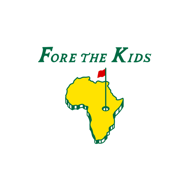 A yellow silhouette of Africa with a golf flag in the foreground is set against a white background with green text reading "Fore The Kids" above it.