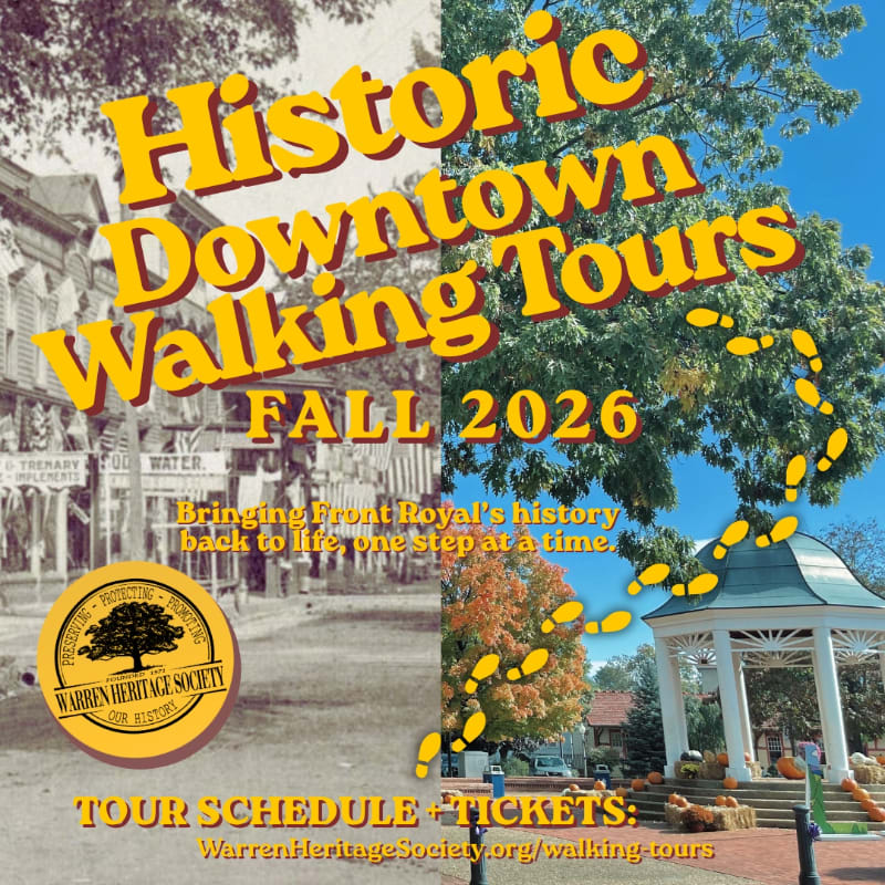 Yellow footprints lead from a historic street scene in the foreground to a gazebo and autumn trees in the background, advertising "Historic Downtown Walking Tours" for Fall 2026.