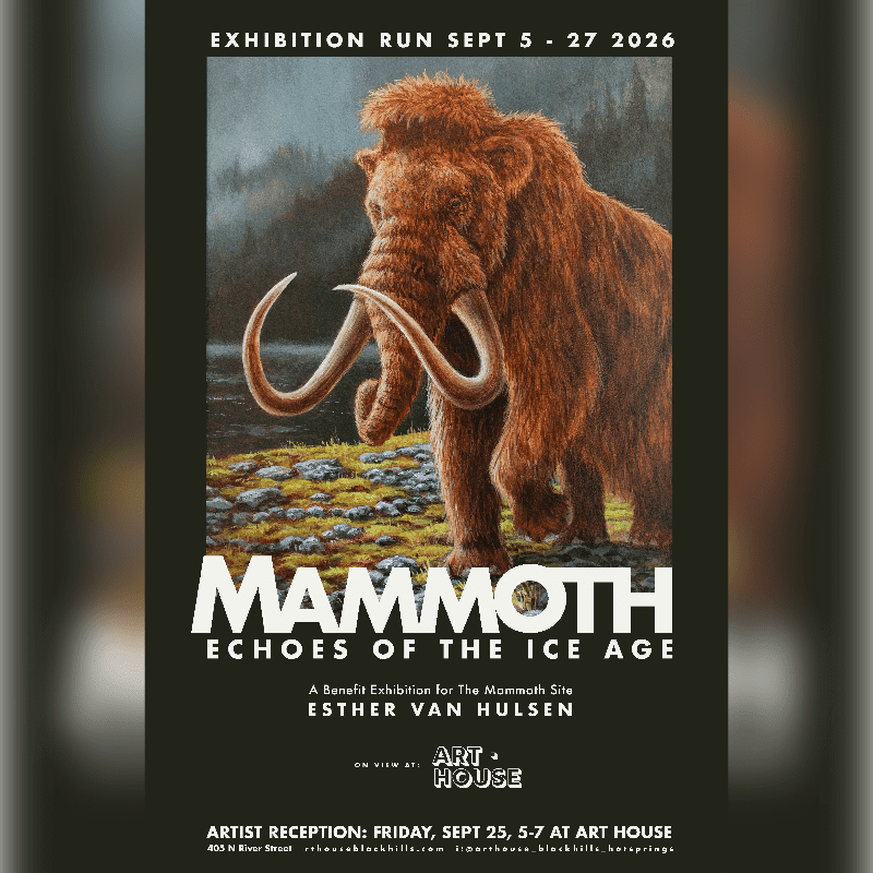 A woolly mammoth stands in a rocky, grassy foreground with a misty, mountainous background, advertising an exhibition titled "Mammoth: Echoes of the Ice Age."