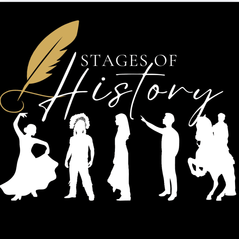 Silhouetted figures representing different historical eras stand against a black background, with a golden quill and the words "STAGES OF History" in the upper left.