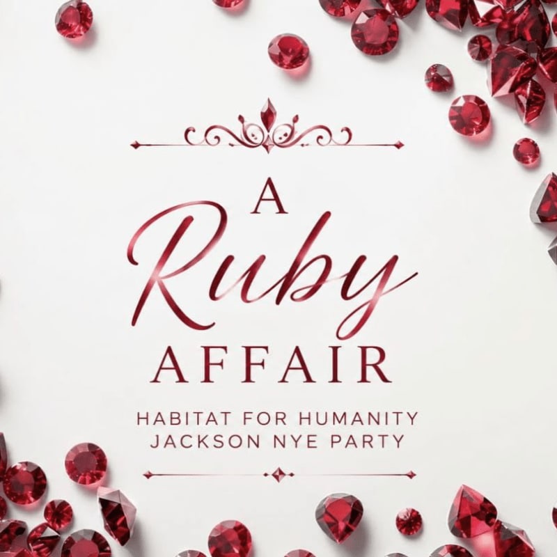 Scattered rubies frame the text "A Ruby Affair" and "Habitat for Humanity Jackson NYE Party" on a white background.