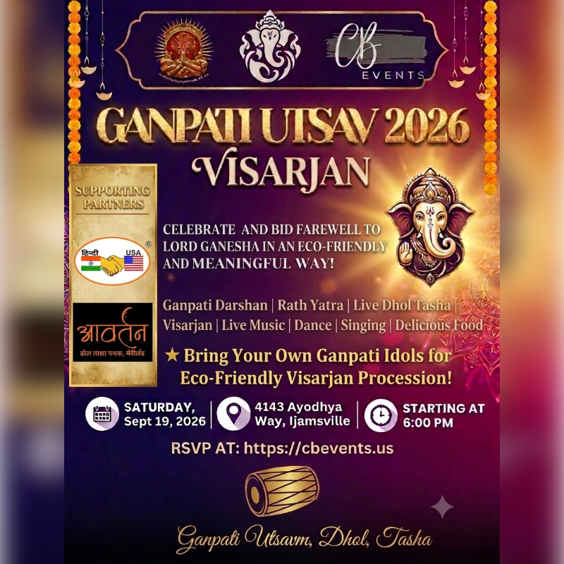 A vibrant invitation for Ganpati Utsav 2026 Visarjan features Lord Ganesha imagery and event details against a dark purple and gold background, with a drum graphic in the foreground.
