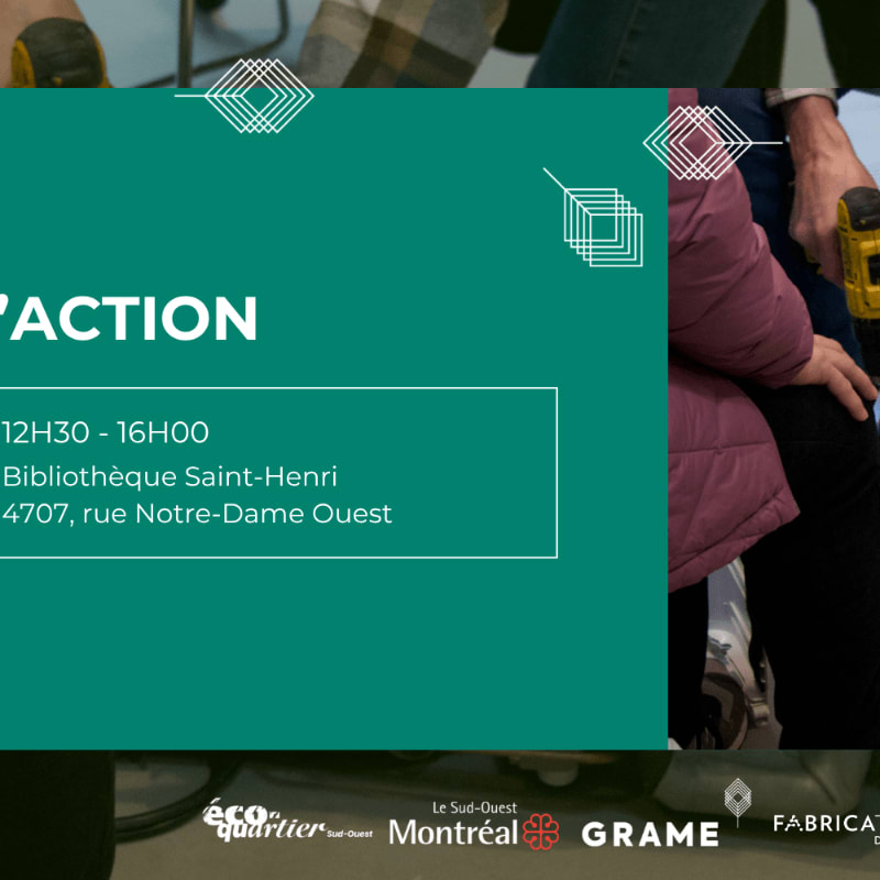 A green overlay with event details is placed over a background of people working with tools.