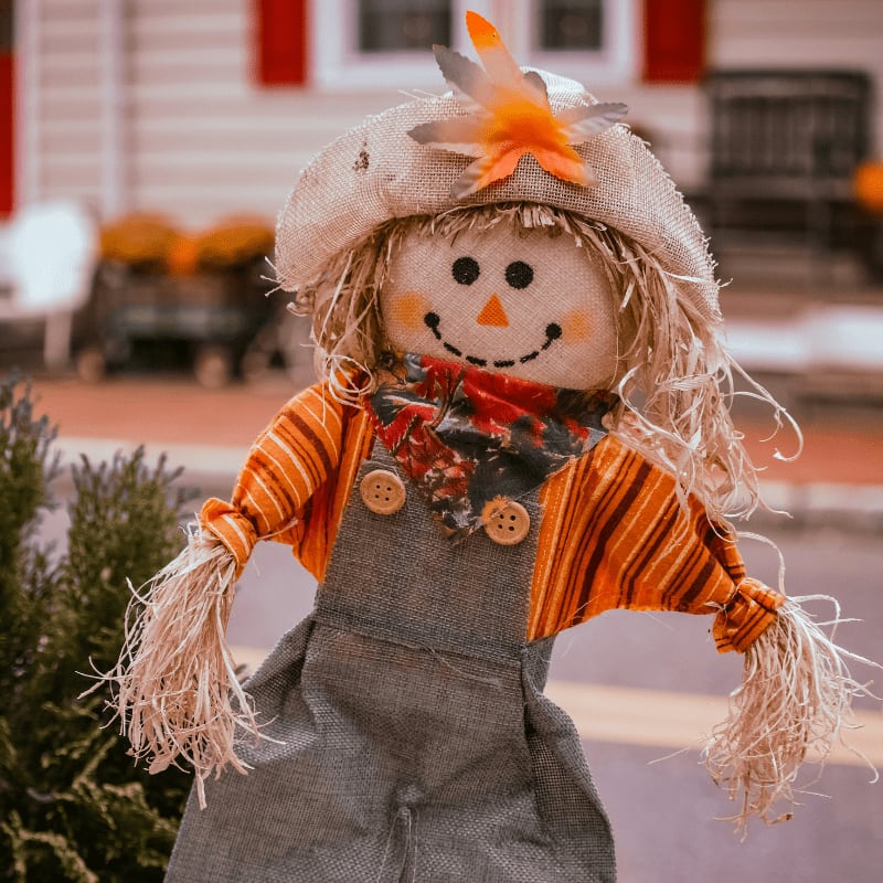a scarecrow doll is standing in front of a house
