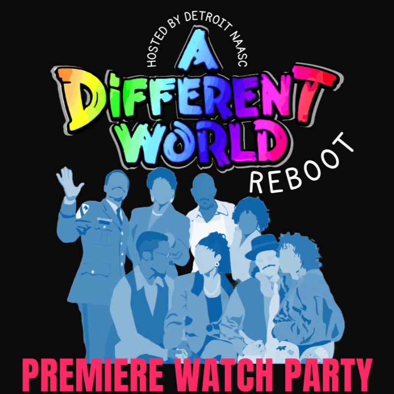 A group of silhouetted characters from "A Different World" stand in the foreground beneath a colorful title card, with "PREMIERE WATCH PARTY" emblazoned at the bottom against a black background.
