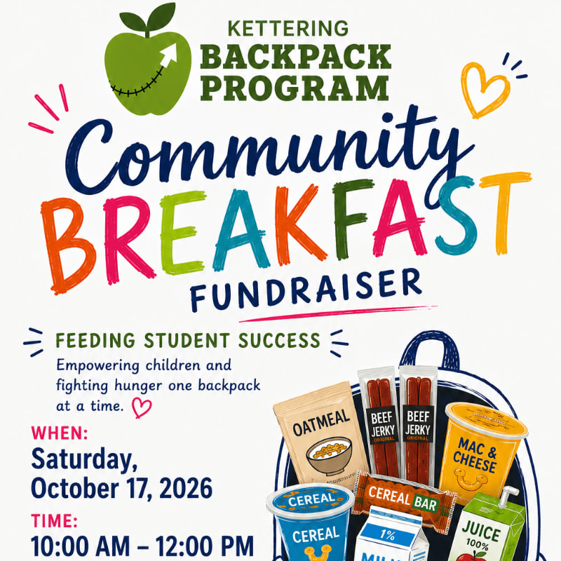 A colorful flyer for a community breakfast fundraiser for the Kettering Backpack Program is in the foreground, with various food items and a backpack on the right side, while the background features playful drawings of an apple and a heart.