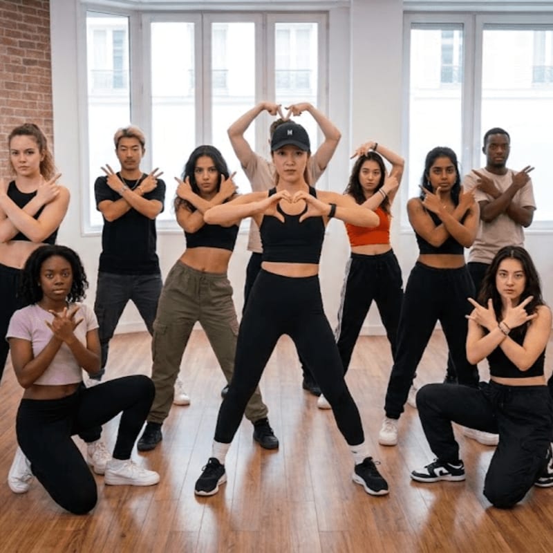 A group of young dancers in athletic wear pose in a bright studio with large windows in the background.