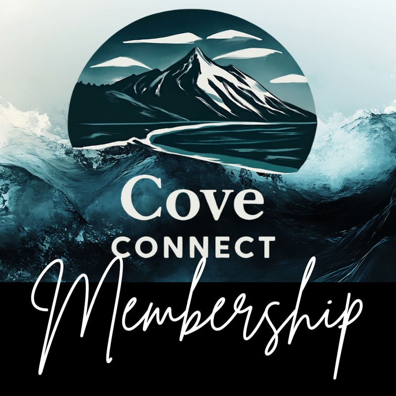 Crashing waves in the foreground frame a serene mountain landscape with the words "Cove Connect Membership" overlaid.