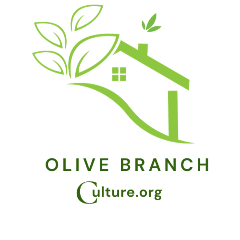 A green house with leaves sprouting from its roof is centered above the text "OLIVE BRANCH Culture.org" on a white background.