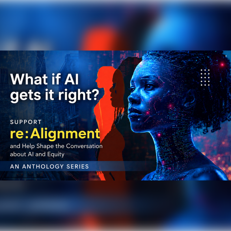 A futuristic digital portrait of a woman with glowing circuits overlays a cityscape, promoting an anthology series about AI and equity.