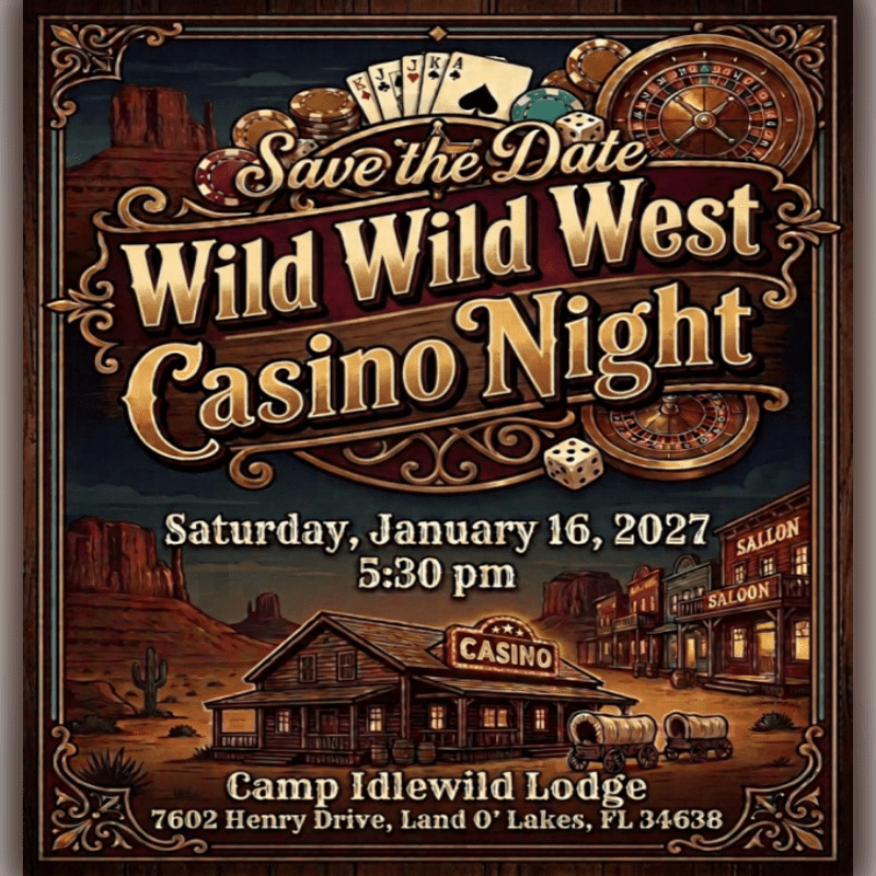A "Save the Date" poster for a Wild West Casino Night features poker cards and a roulette wheel in the foreground, set against a backdrop of a rustic Western town and desert landscape.