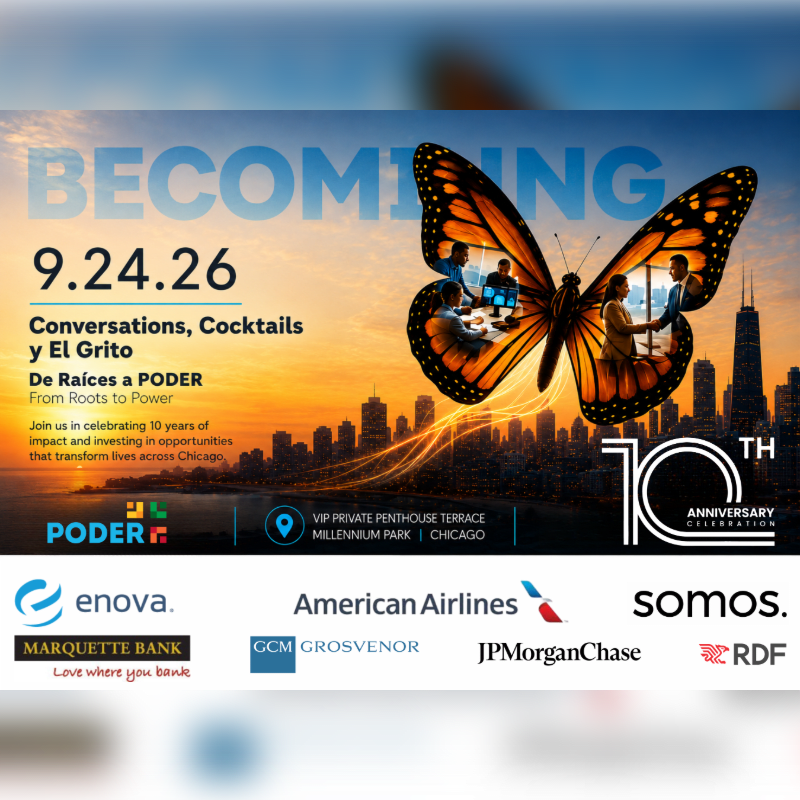 A vibrant butterfly with a city skyline in the background overlays event details for a 10th-anniversary celebration.
