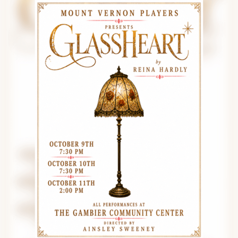 A vintage lamp with a floral shade stands in the foreground against a white background advertising the Mount Vernon Players' production of "GlassHeart."