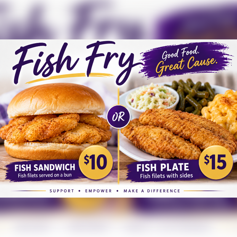 A fish sandwich and a fish plate with sides are advertised with prices and a slogan about supporting a good cause, set against a blurred purple and white background.