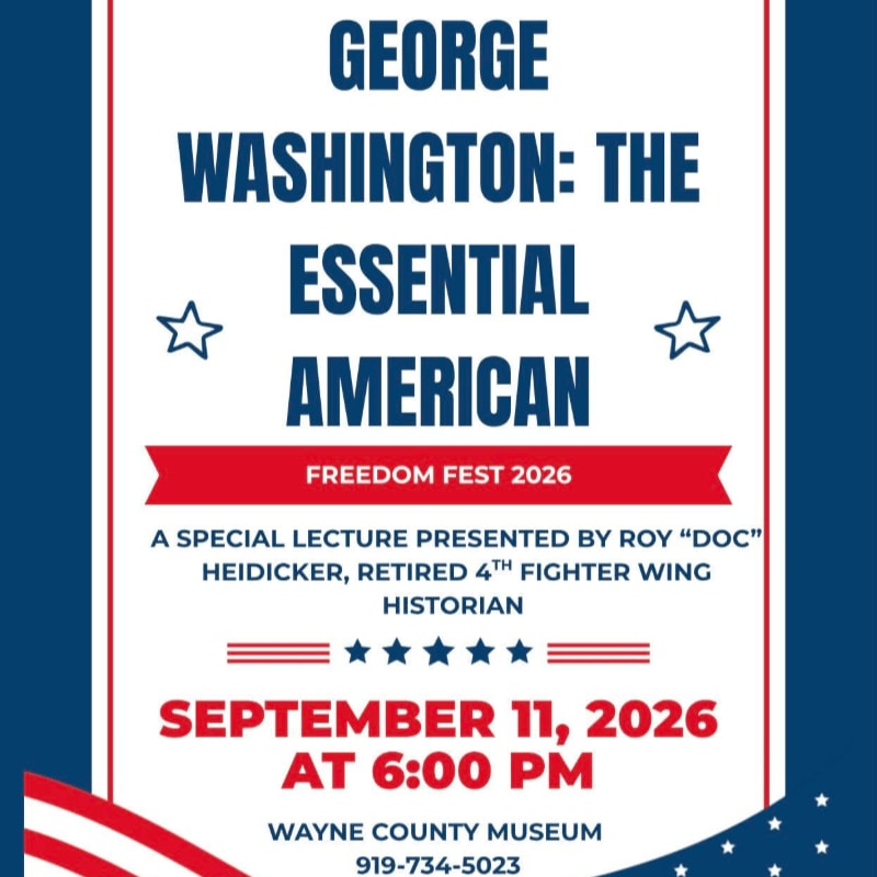 A red, white, and blue poster advertises a lecture on George Washington at the Wayne County Museum on September 11, 2026, with a portion of the American flag in the foreground.