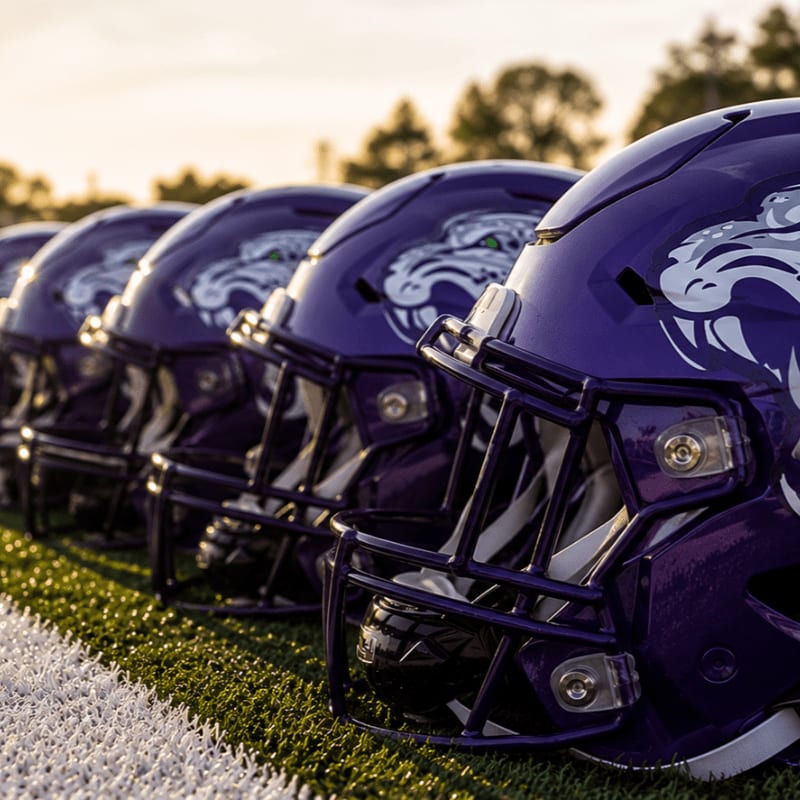 A row of purple football helmets with a white cat logo sits on a green field with a blurred background of trees and a sunset sky.