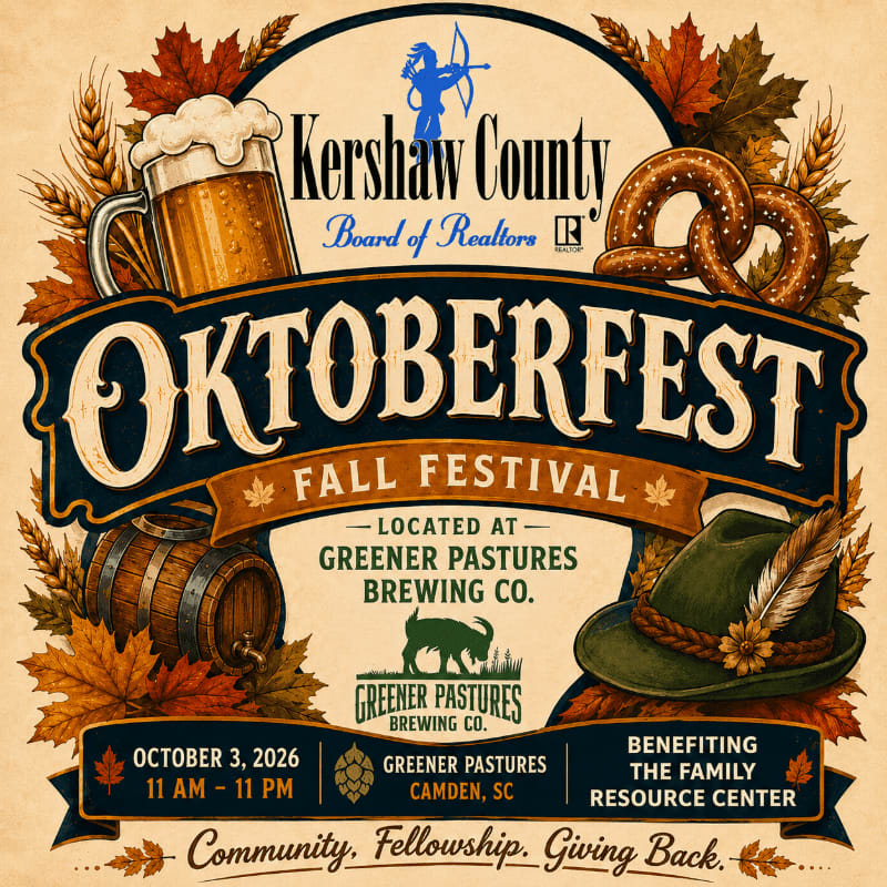A festive Oktoberfest poster features a frothy beer mug and pretzels in the foreground, with a stylized logo and event details set against a backdrop of autumn leaves and wheat stalks.