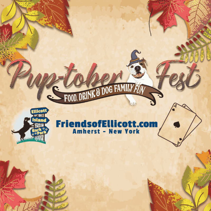 Autumn leaves frame a "Pup-tober Fest" graphic featuring a dog in a witch hat, with event details and logos in the center.