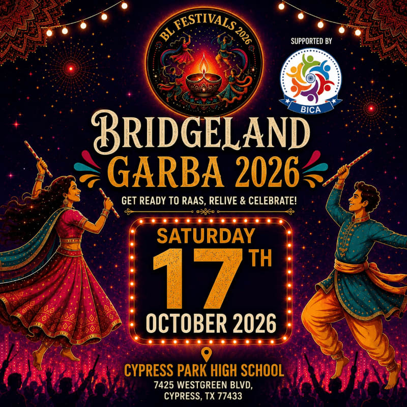 A vibrant poster for "Bridgeland Garba 2026" features dancing figures in the foreground and festive lights and event details in the background.