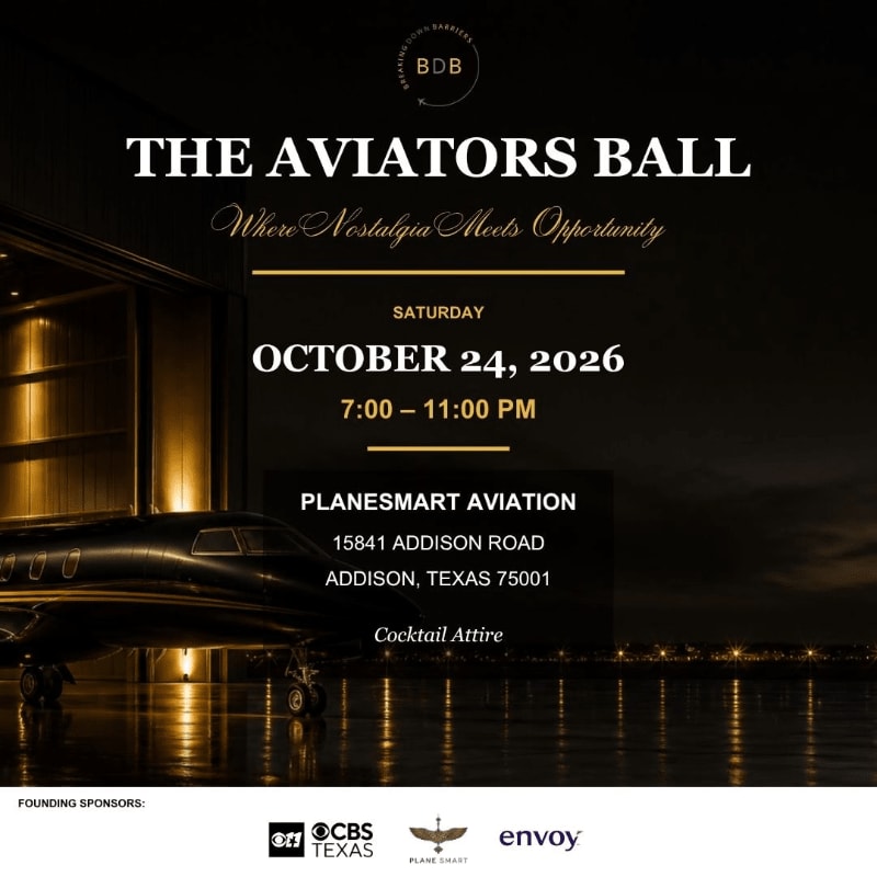 A sleek private jet is parked inside a hangar in the foreground, while the background displays event details for "The Aviators Ball" on a dark, elegant background.