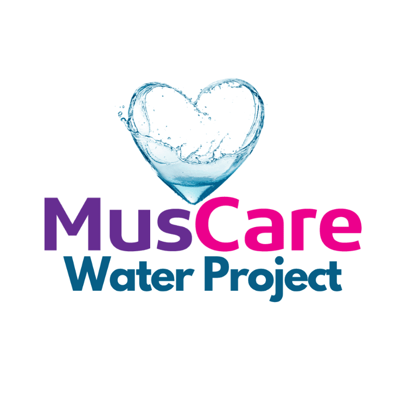 A heart-shaped splash of water hovers above the purple and pink text "MusCare" and the blue text "Water Project" on a white background.