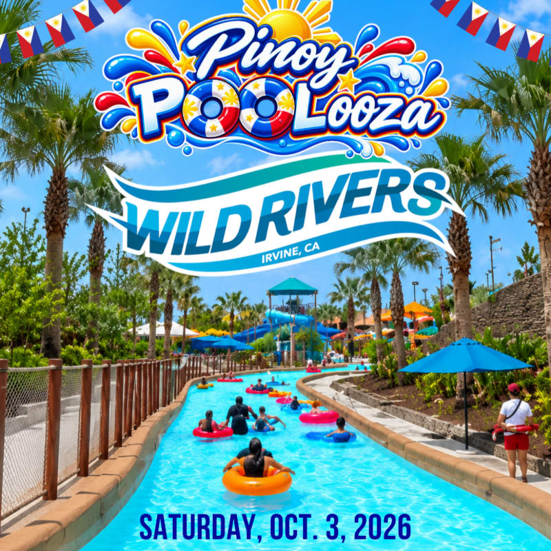 People float on tubes in a lazy river at a water park with palm trees and water slides in the background, under a banner advertising "Pinoy Poolooza" and "Wild Rivers Irvine, CA" for Saturday, Oct. 3, 2026.