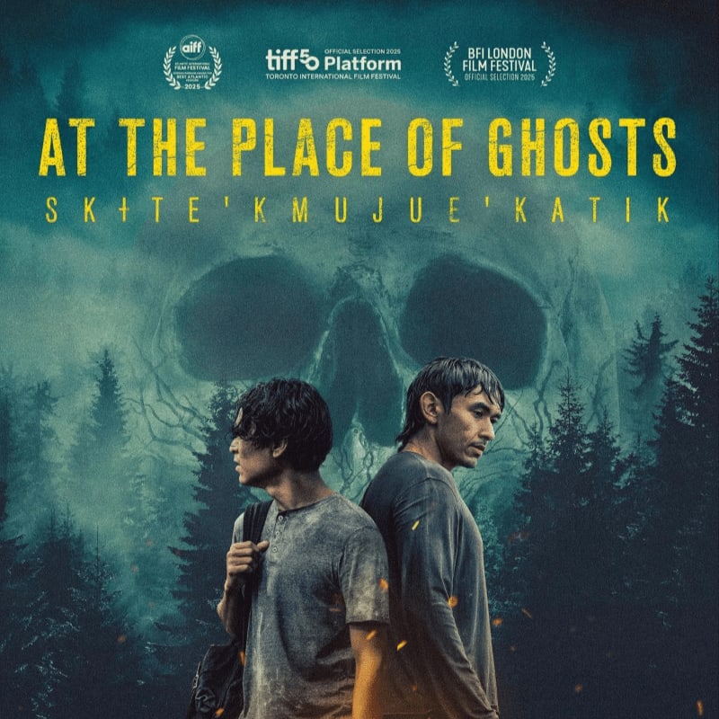 Two young men stand in a dark forest with a giant skull looming in the background.