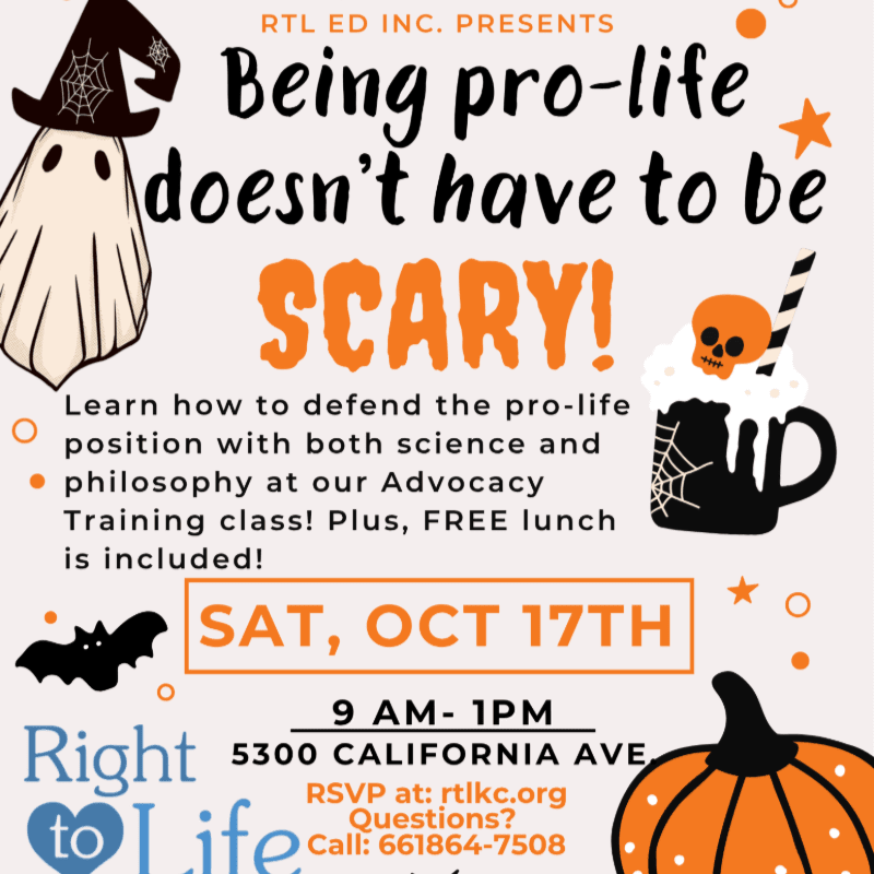 A cartoon ghost and a pumpkin in the foreground are part of a Halloween-themed flyer advertising a pro-life advocacy training class.