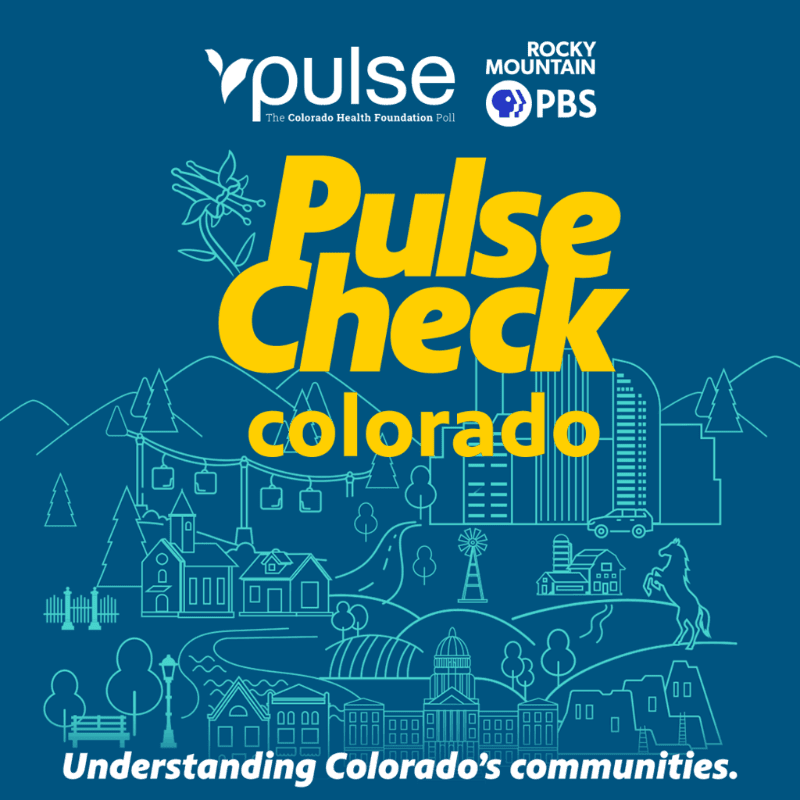 Yellow text "Pulse Check Colorado" is overlaid on a blue background featuring a stylized line drawing of Colorado landmarks and landscapes, with logos for "Ypulse" and "Rocky Mountain PBS" at the top.