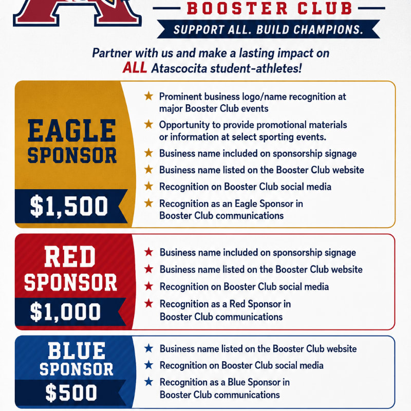 In the foreground, three sponsorship levels are listed with their benefits and prices, while the background features the "Booster Club" logo and a call to action.