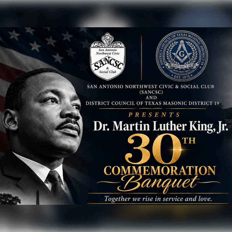 A portrait of Dr. Martin Luther King Jr. is featured in the foreground against a dark background with event details and logos.